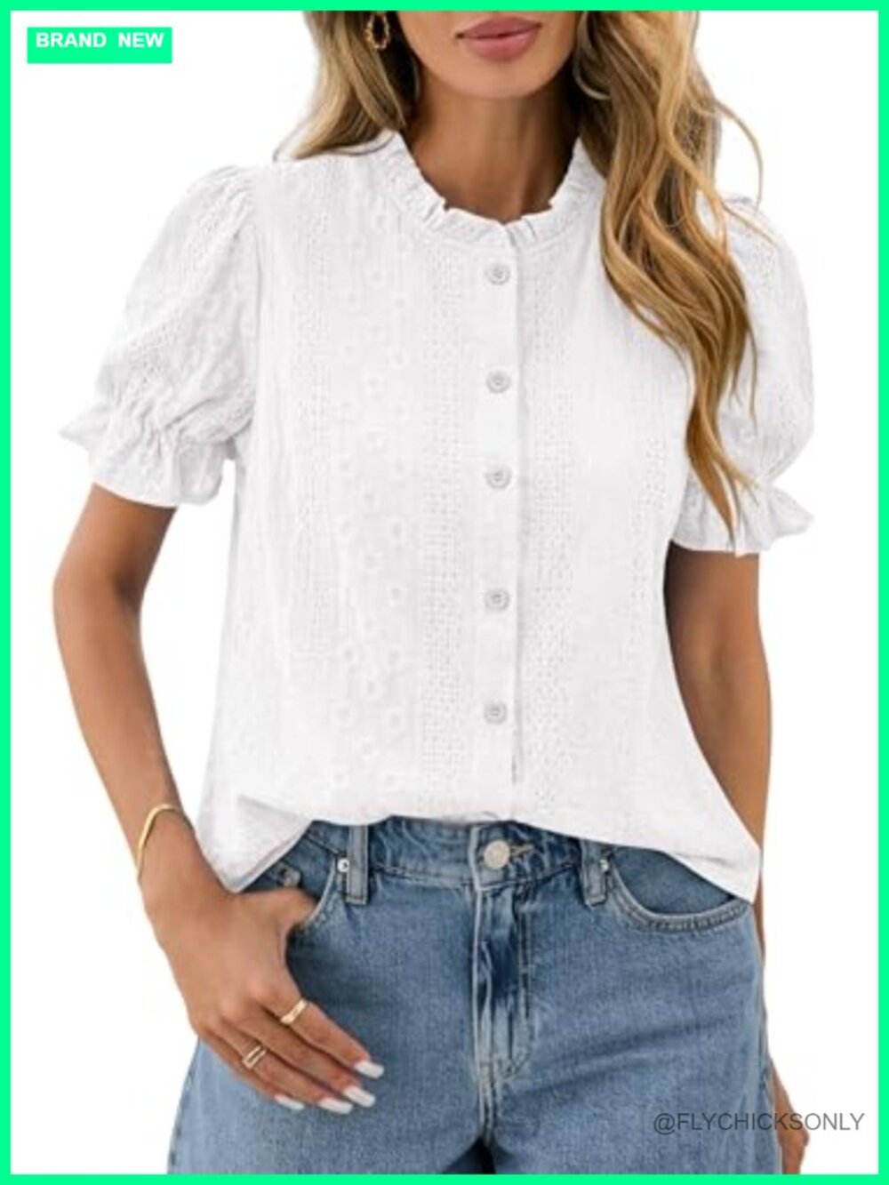 Womens Embroidered Puff Short Sleeve Button Up Cotton Top Blouse
